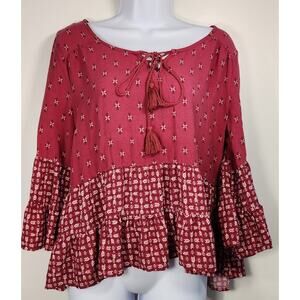 Mudd Women’s Boho Peplum Tassel Tie Blouse Red Print Size L Rayon